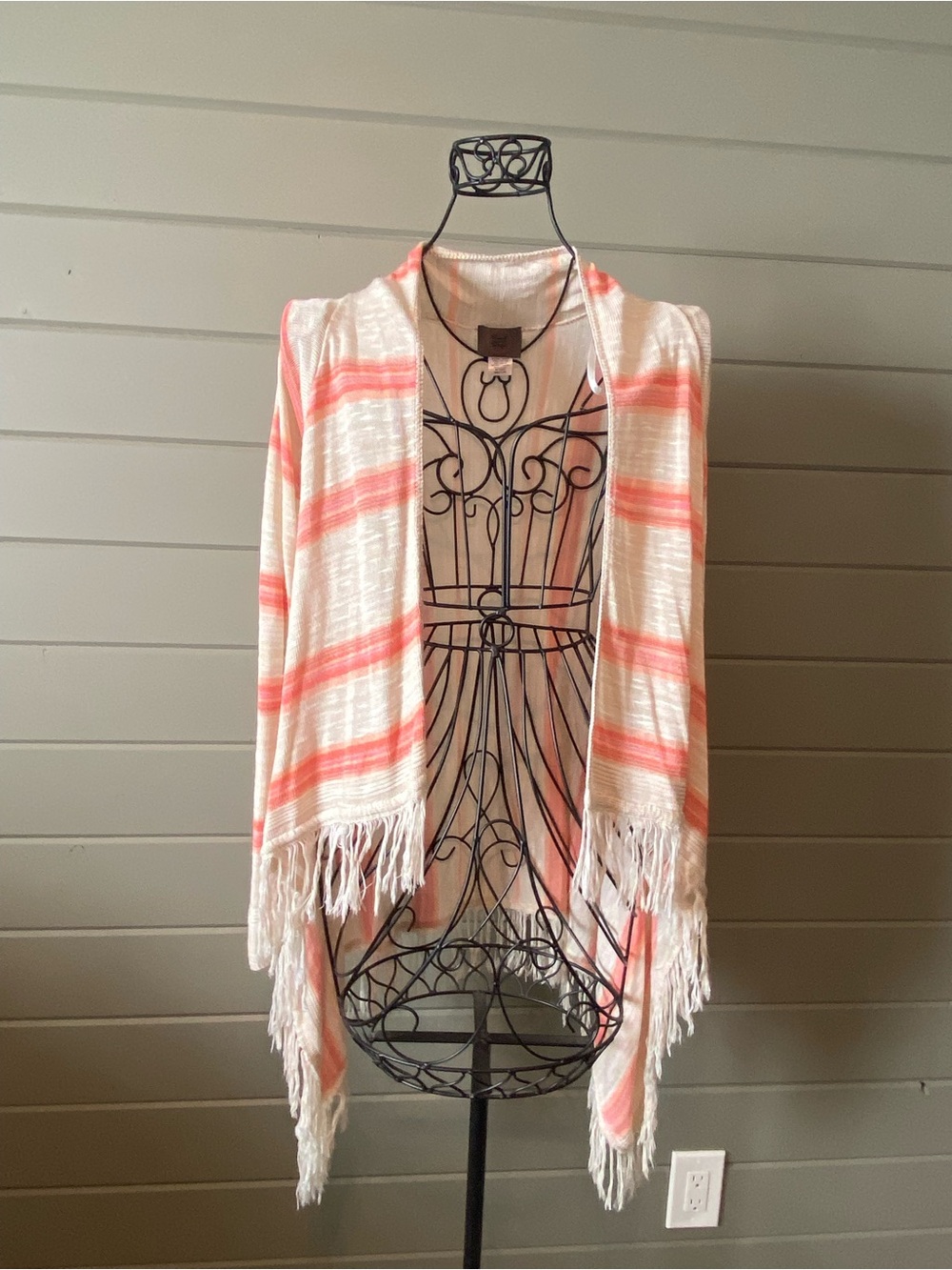 Open-Front White & Coral Striped Fringe Cardigan